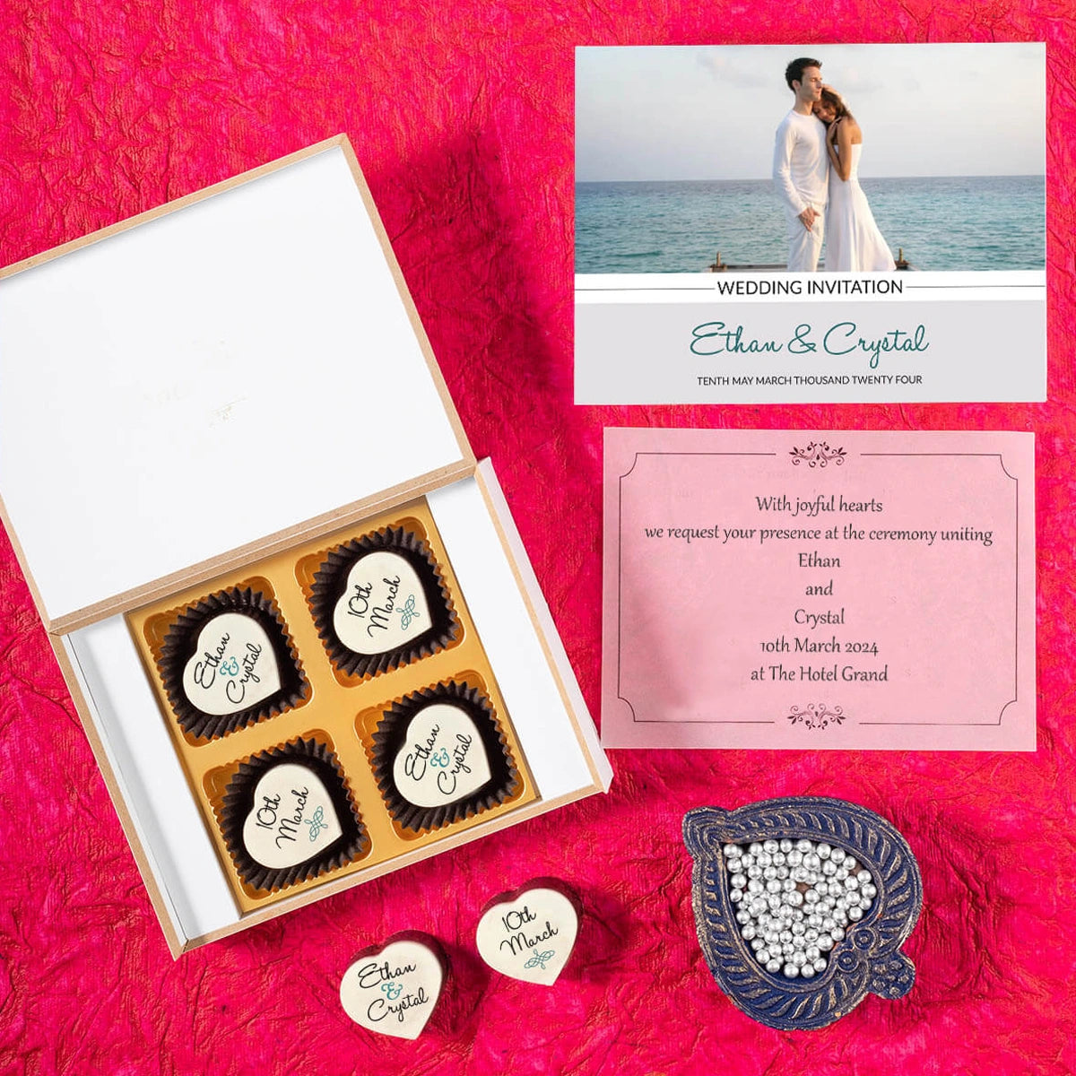 Close-up of custom printed chocolates used in wedding invitation
