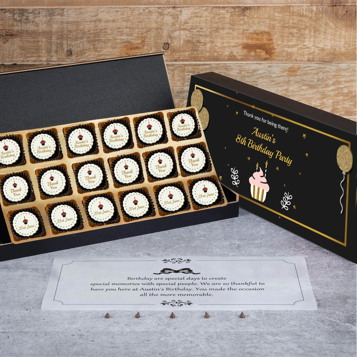 Cute birthday favors with 18 personalized chocolates					
