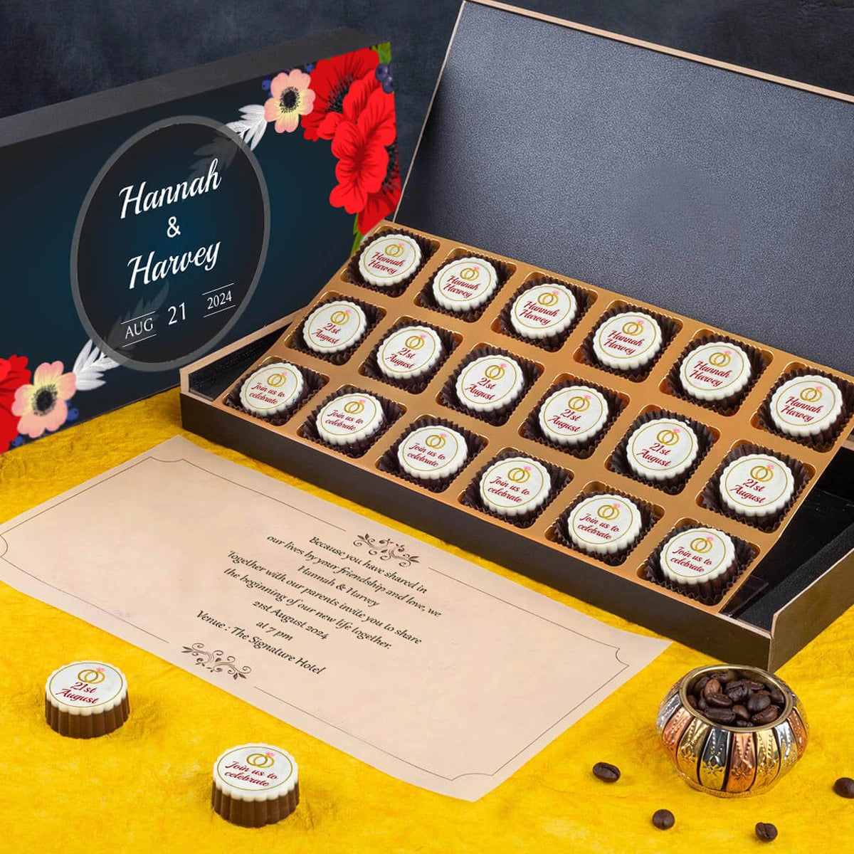 Black box mockup for customizing your own wedding invitation with chocolates
