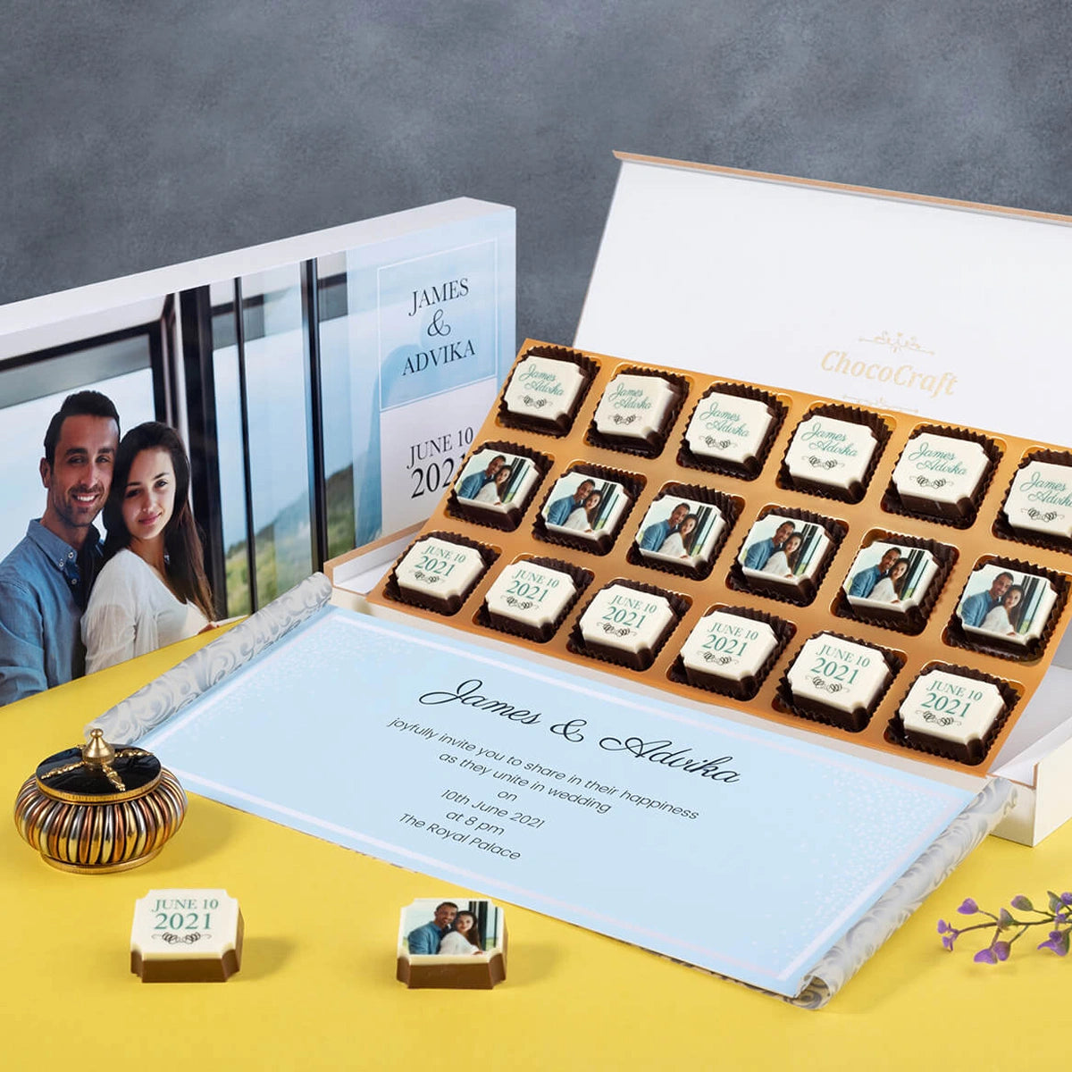 White MDF box used to design personalized chocolate wedding invitations
