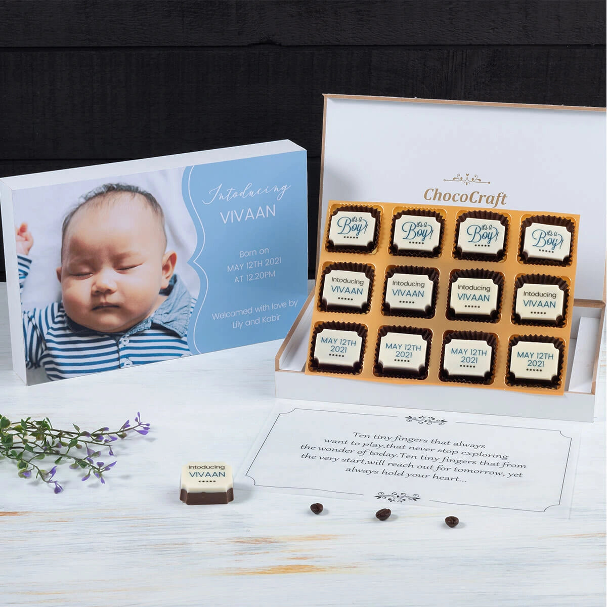 Design your own birth announcement with personalized chocolates