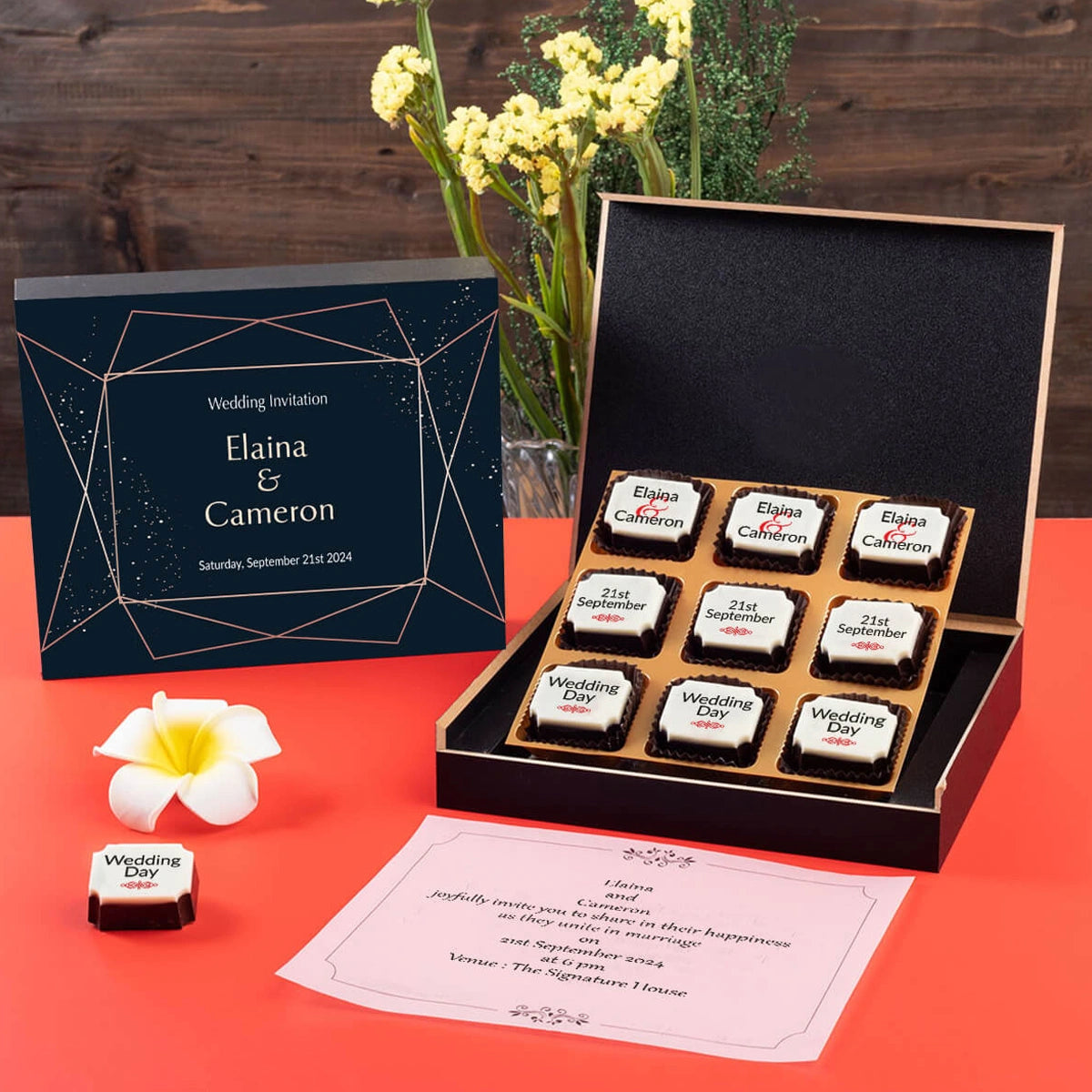 Custom butter paper message included in chocolate wedding invitation
