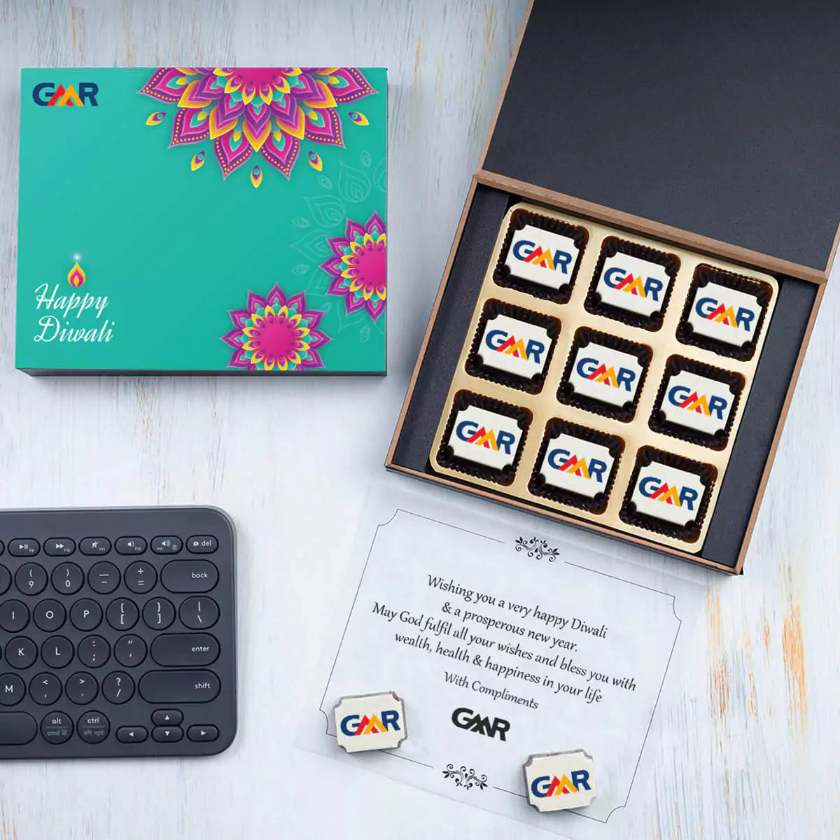 Corporate Diwali gift 9 chocolate box with company logo
