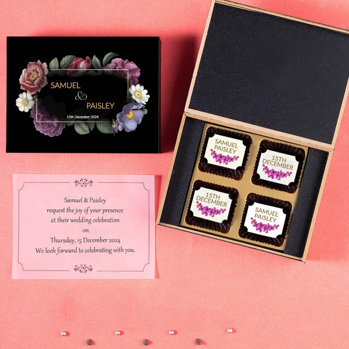 Free design mockup sample of 4 chocolate customizable wedding invitations
