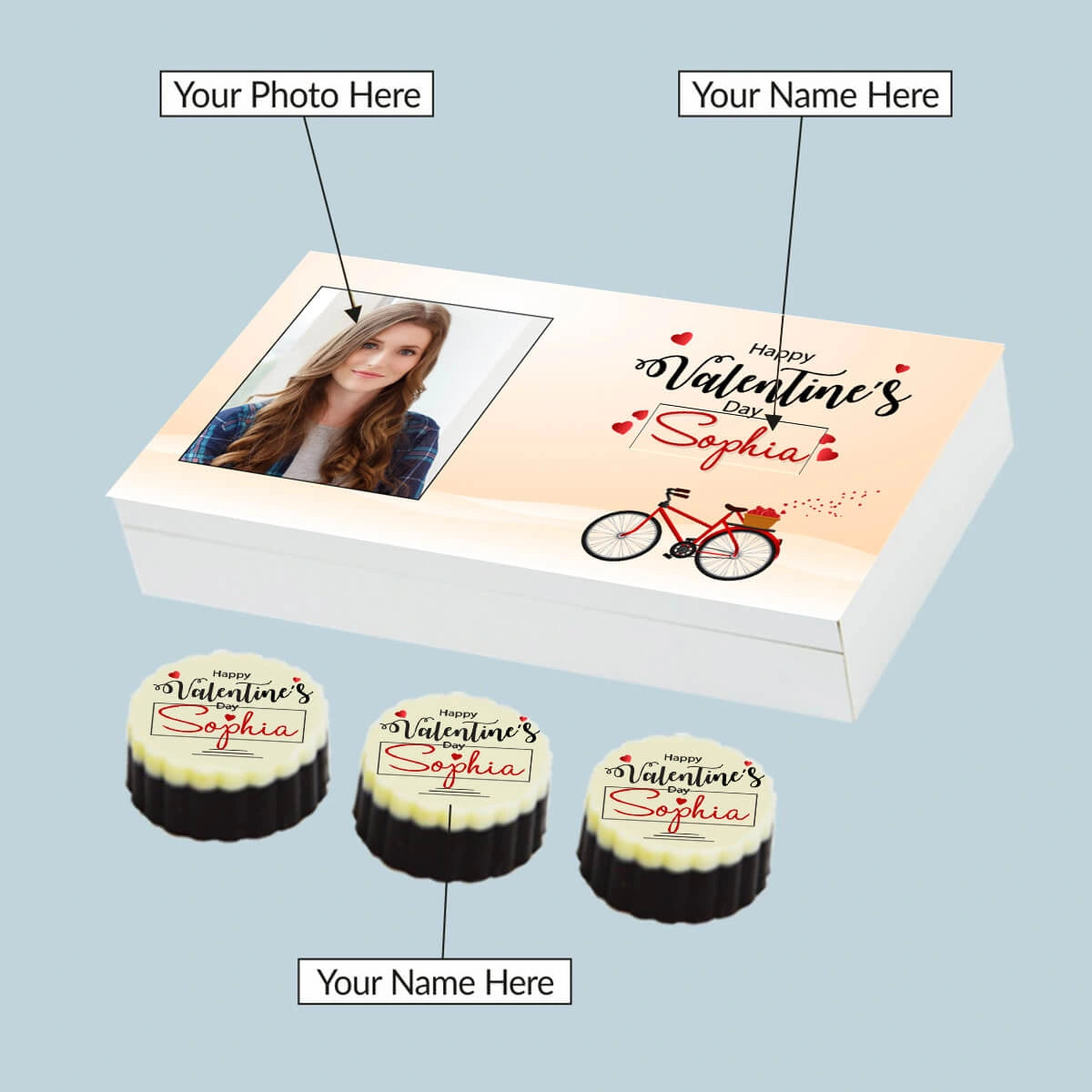 Side view of printed chocolate gift box for good valentine's day gifts for her with name and photo