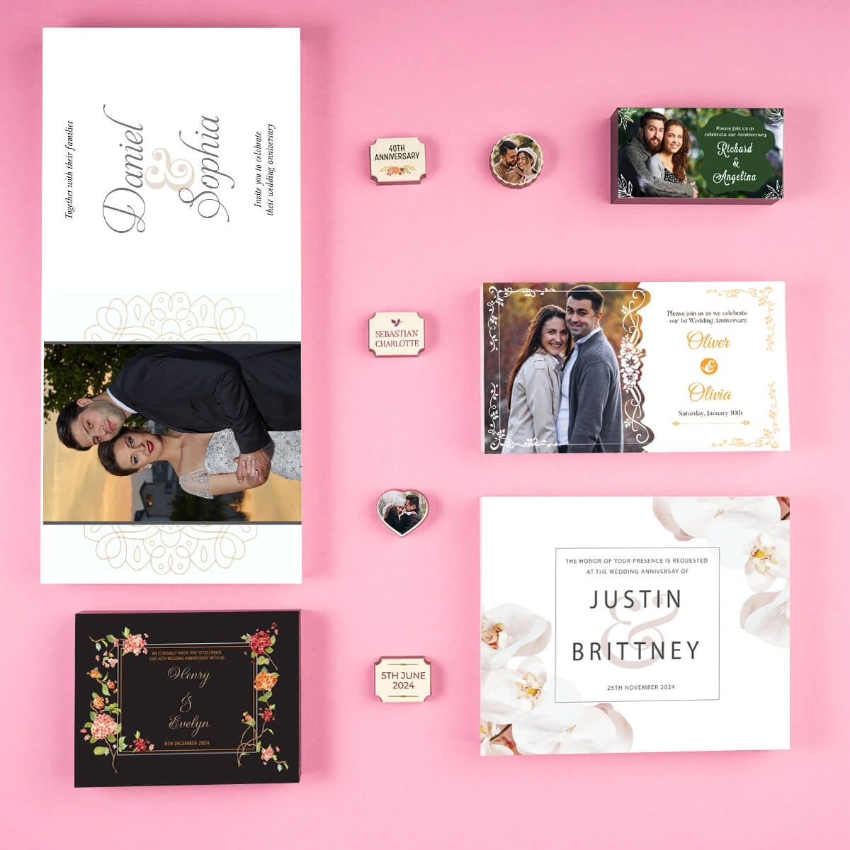 Gourmet chocolate assortment combined with anniversary invitation prints
