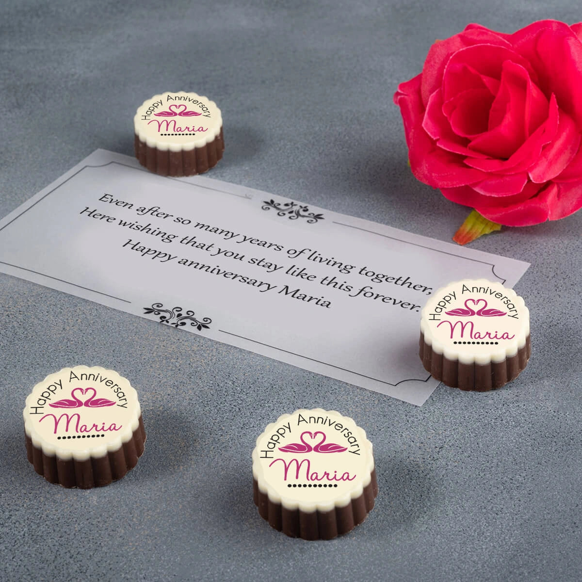 Printed anniversary chocolates with wife name