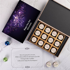 Happy new year gifts in a personalized printed chocolate gift box for coworkers