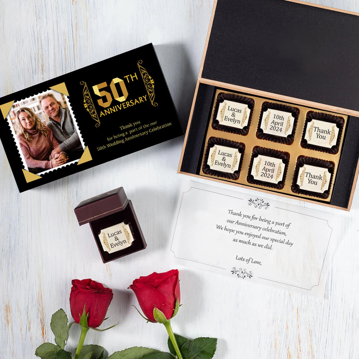Sample box showcasing ideas for anniversary party favors