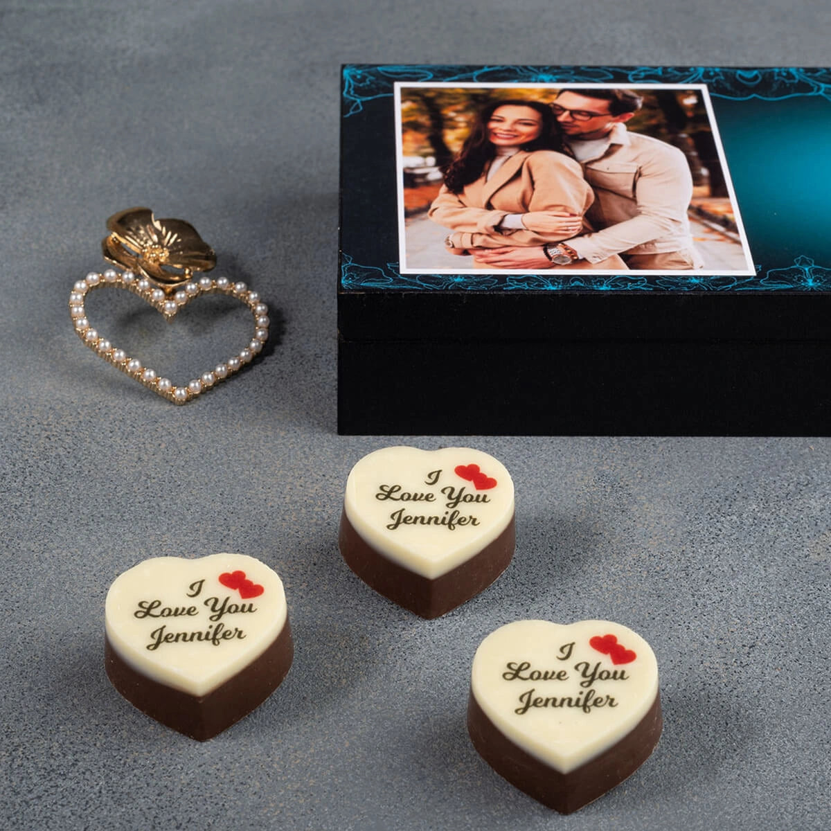 Detail view of romantic gift box with custom message for girlfriend