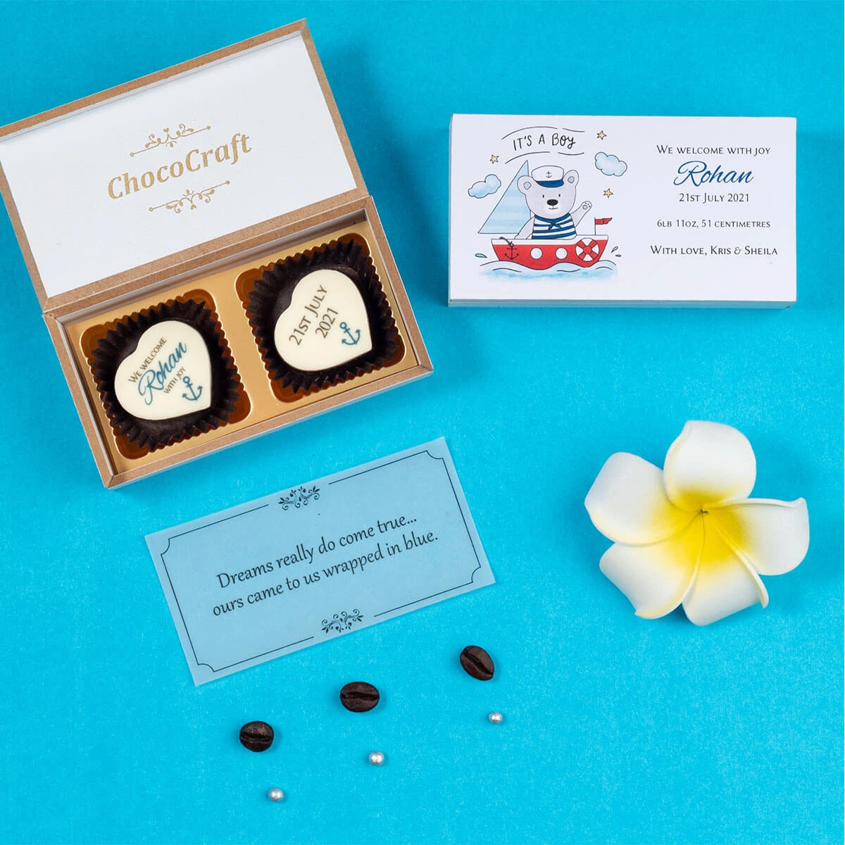 Low-cost birth announcements with custom chocolate box packaging
