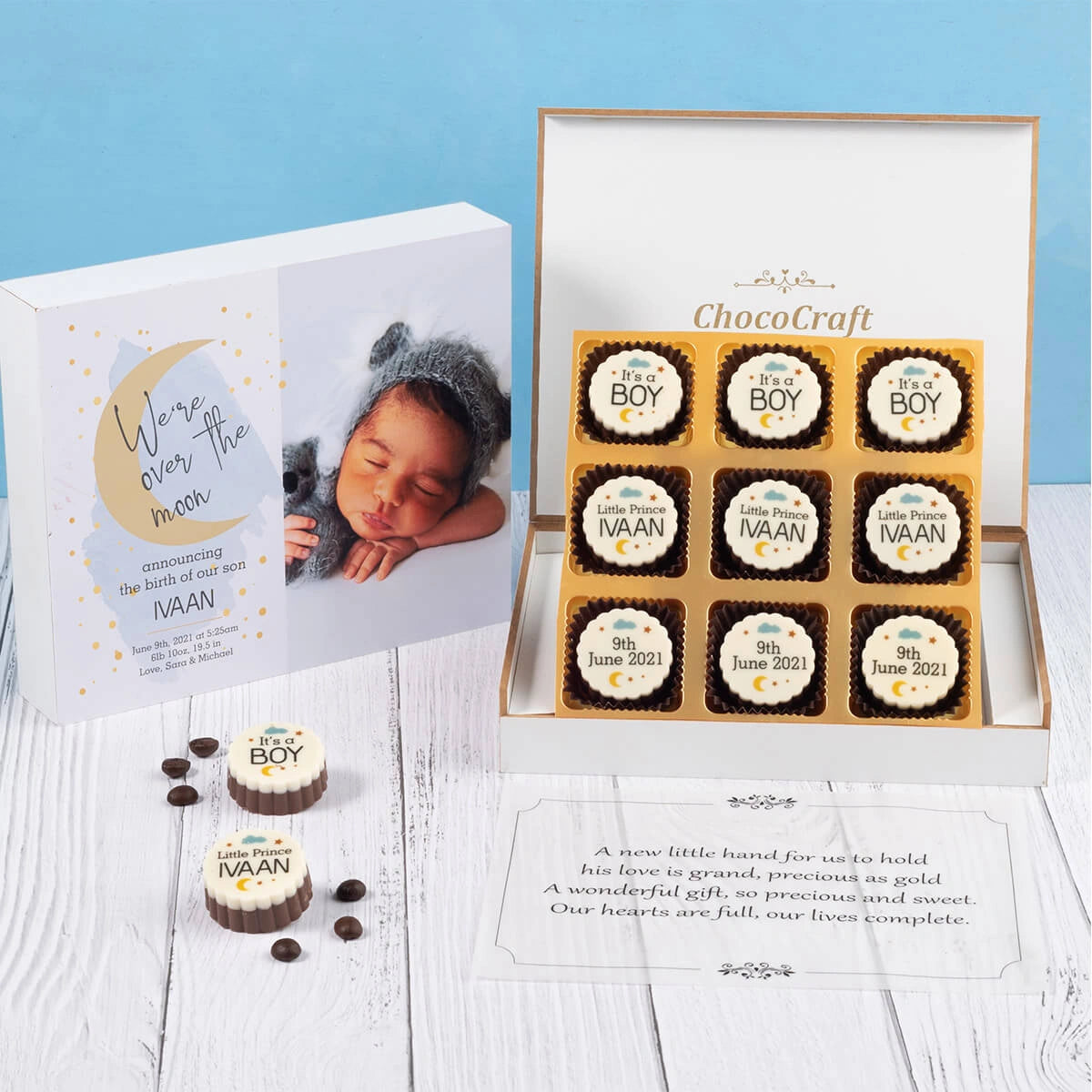 Luxury gift box for newborn announcement with chocolates