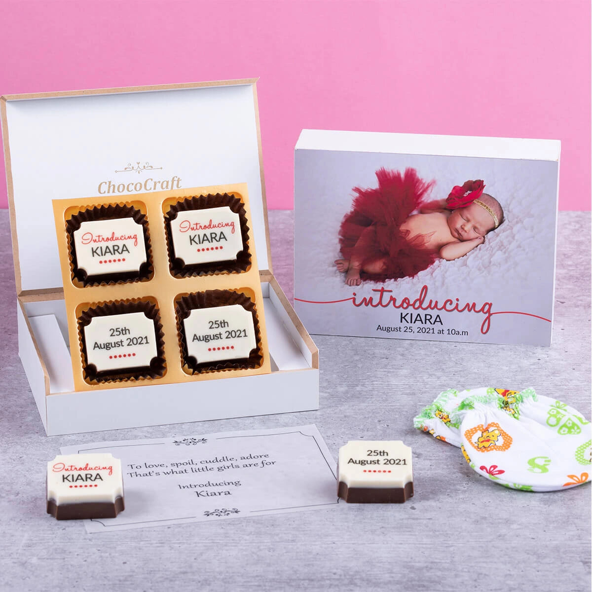 Modern birth announcement chocolate box with customized design