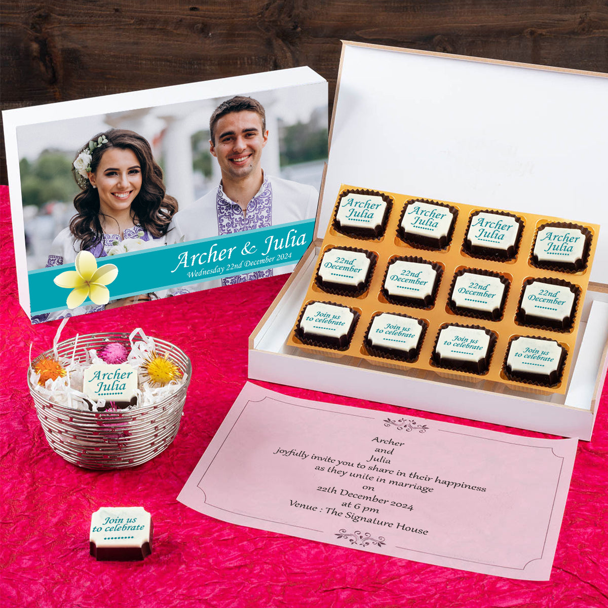 Modern wedding invitation concept using printed chocolates