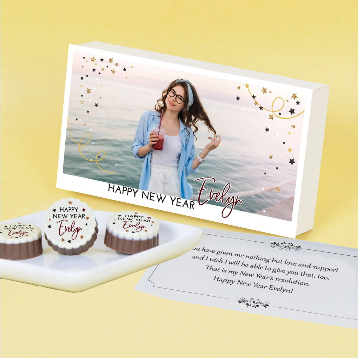 New year gift for girlfriend with custom photo and name on printed chocolate gift box from ChocoCraft