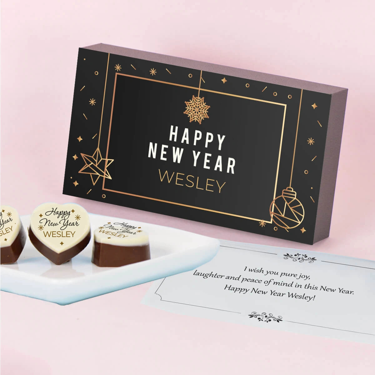 New year gift for wife with custom photo and name on printed chocolate gift box from ChocoCraft