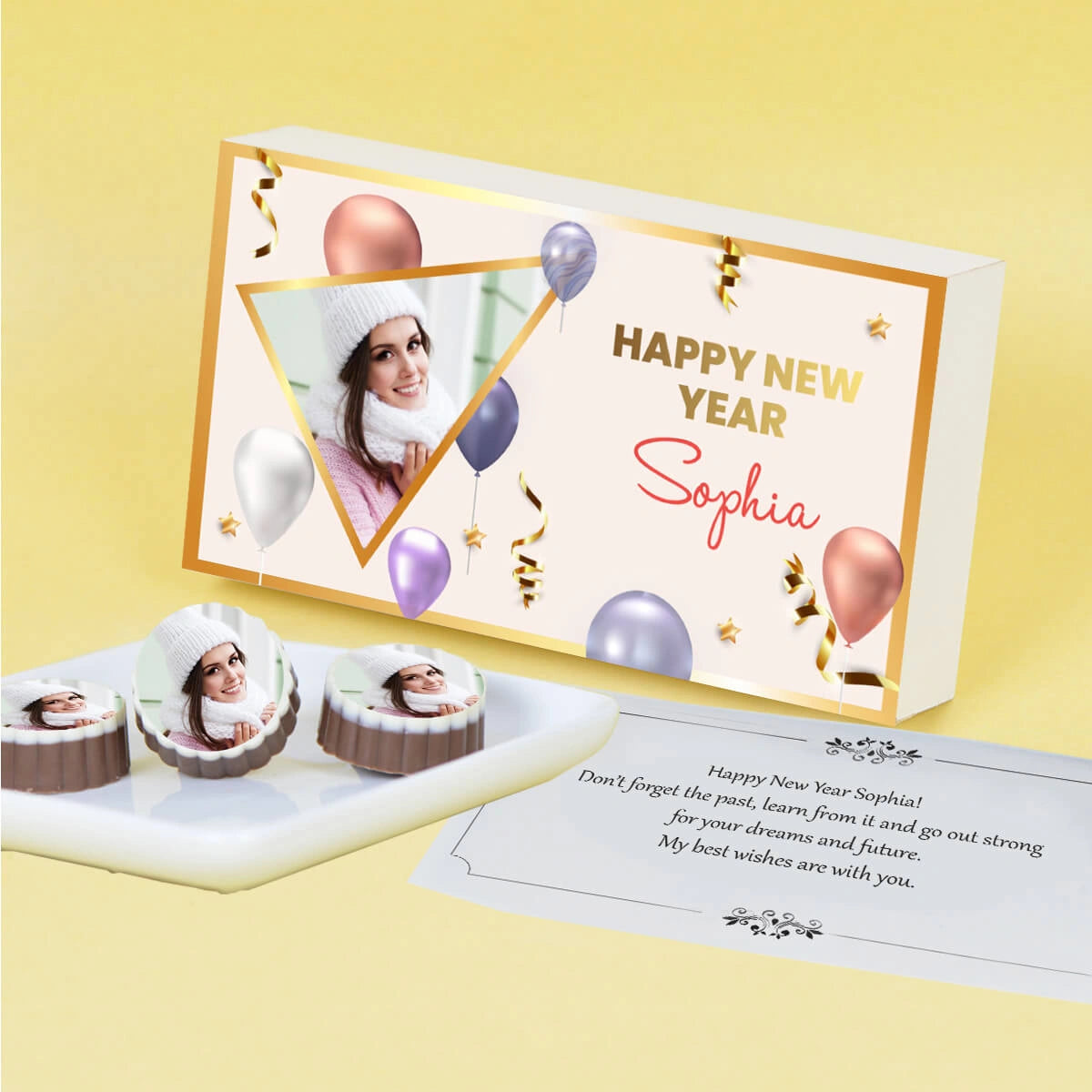 New year gifts for friends with custom photo and name on printed chocolate gift box from ChocoCraft