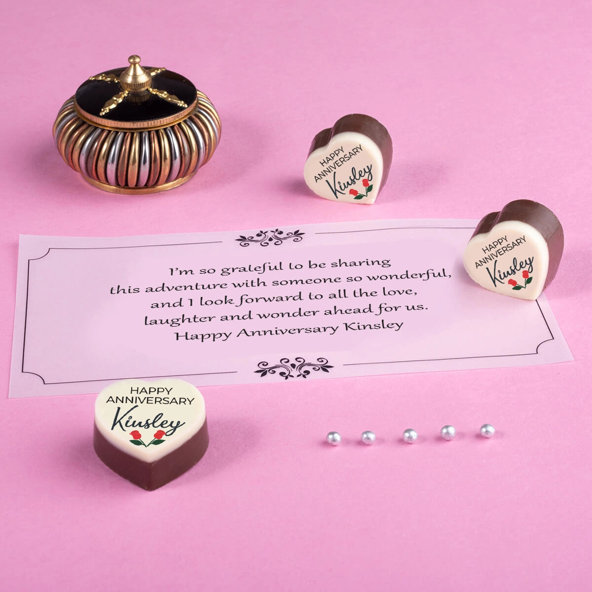 Online anniversary gifts featuring a personalized chocolate box