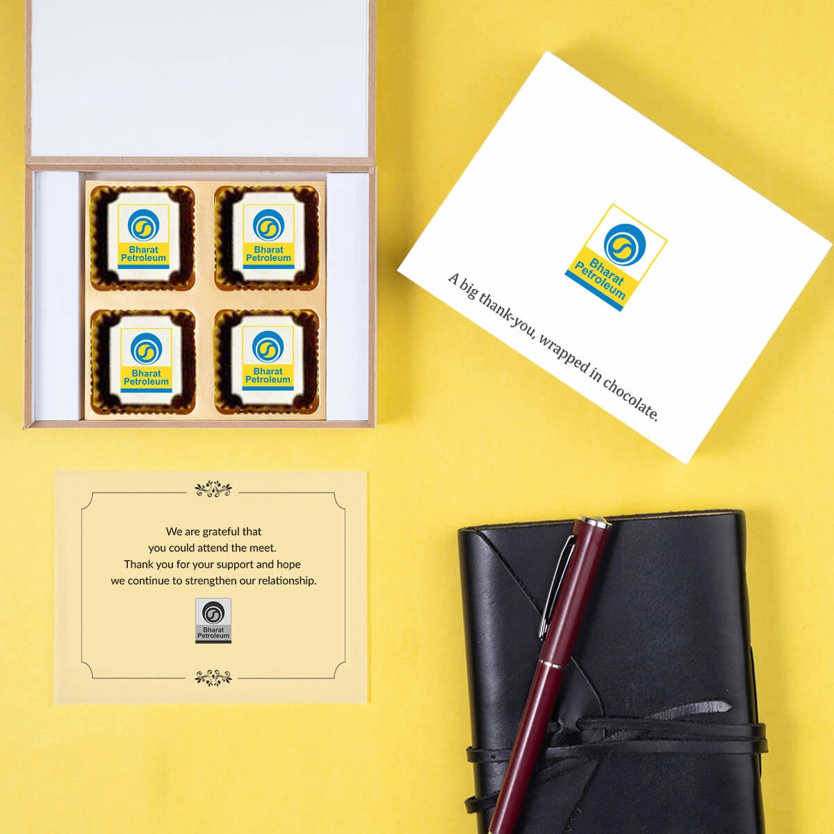 Rectangle shape chocolates in open branding box with message scroll