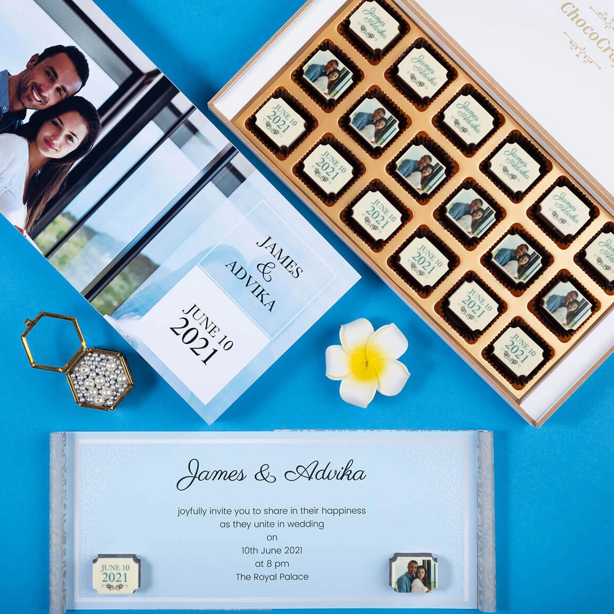 Top view of 18-piece chocolate box for ordering custom wedding invitations
