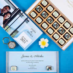 Top view of 18-piece chocolate box for ordering custom wedding invitations
