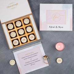 Top view of 9-piece chocolate wedding invitation box ready to order
