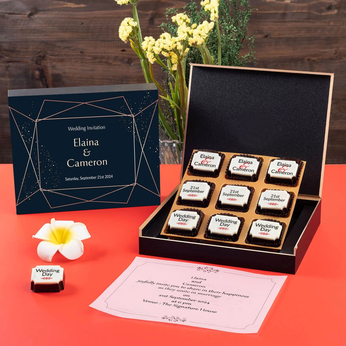 Black MDF chocolate wedding invitation box for online bulk orders
