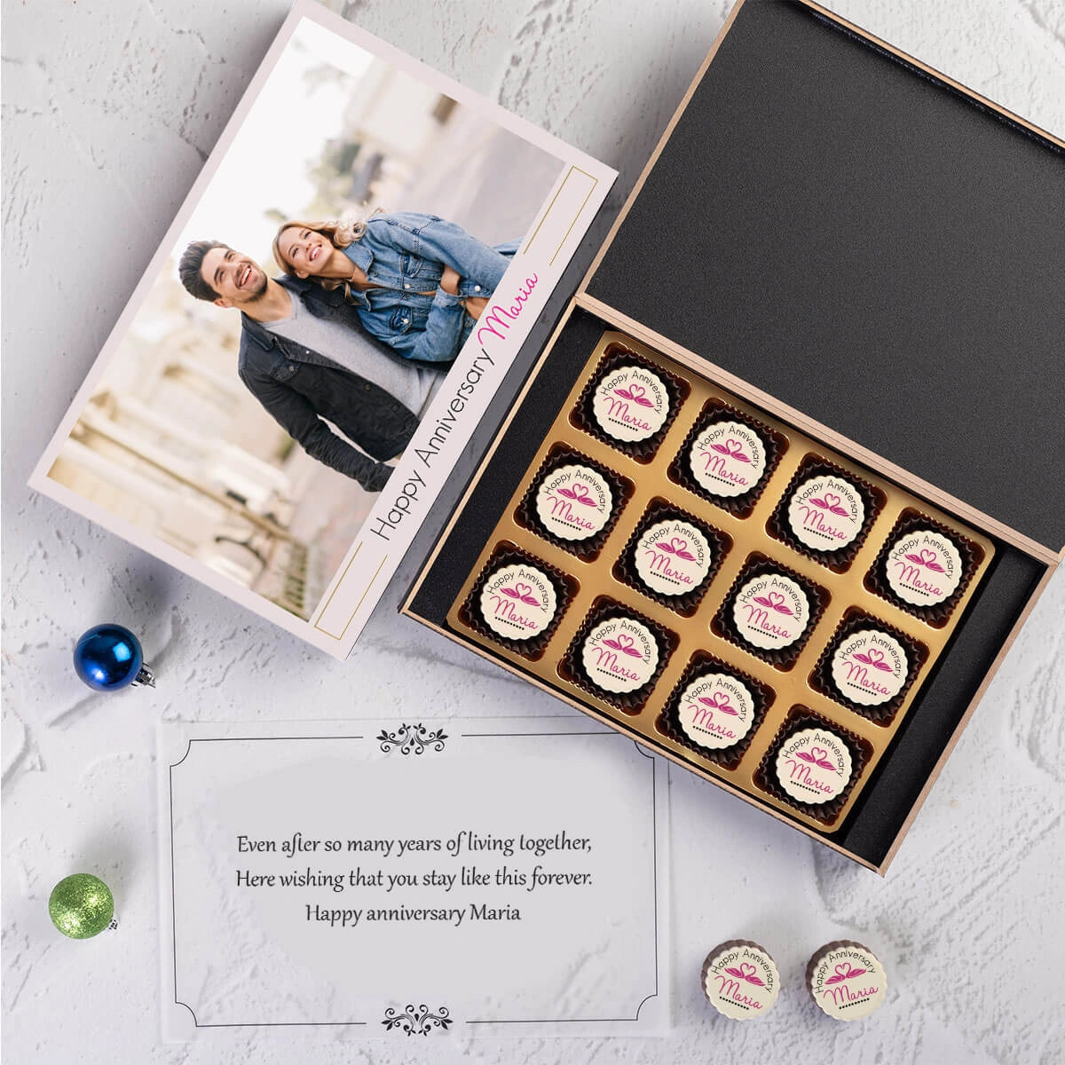 Unboxed personalized anniversary gift with custom chocolates for wife