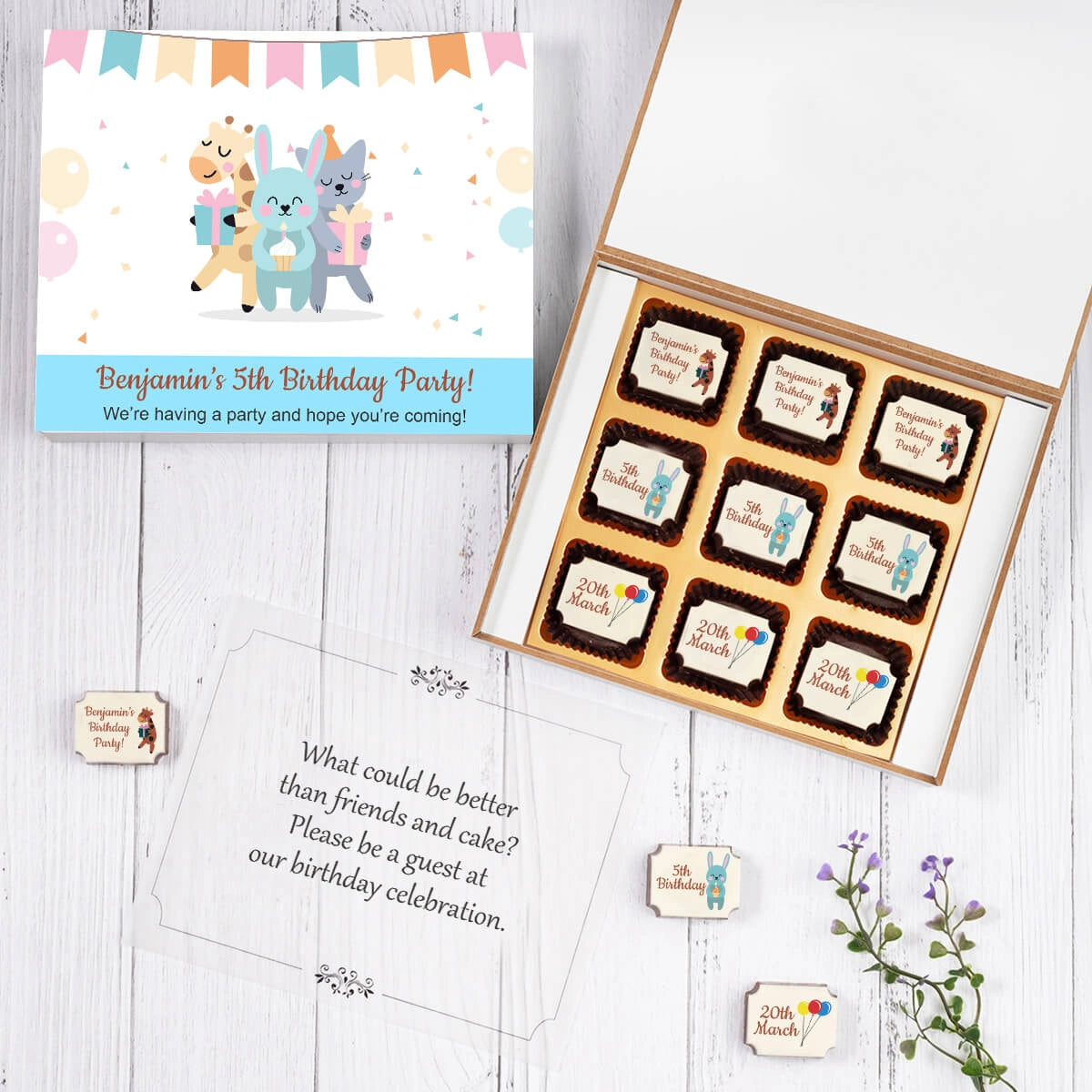 personalized birthday invitation with printed chocolates