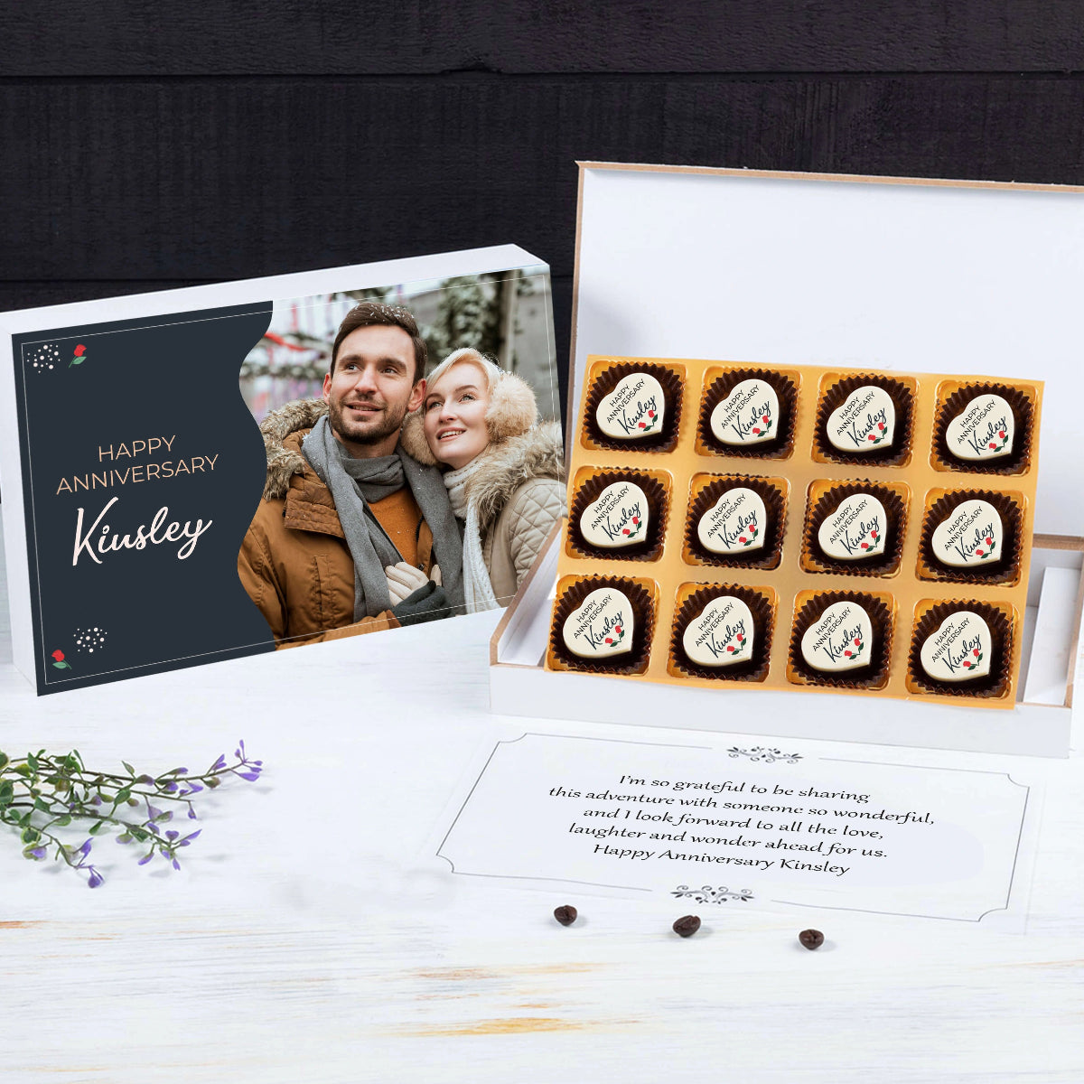 Unboxed personalized anniversary gift with custom chocolates for her
