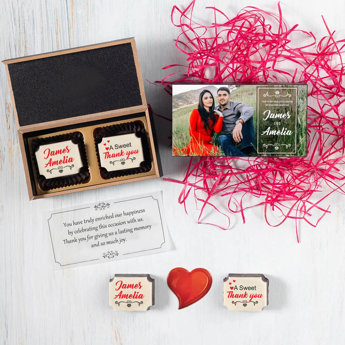 Personalized chocolate box used for anniversary party favors