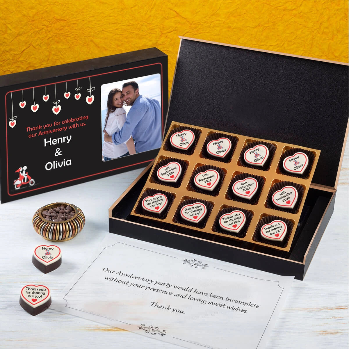 Personalized chocolate box used as a return gift for wedding anniversary