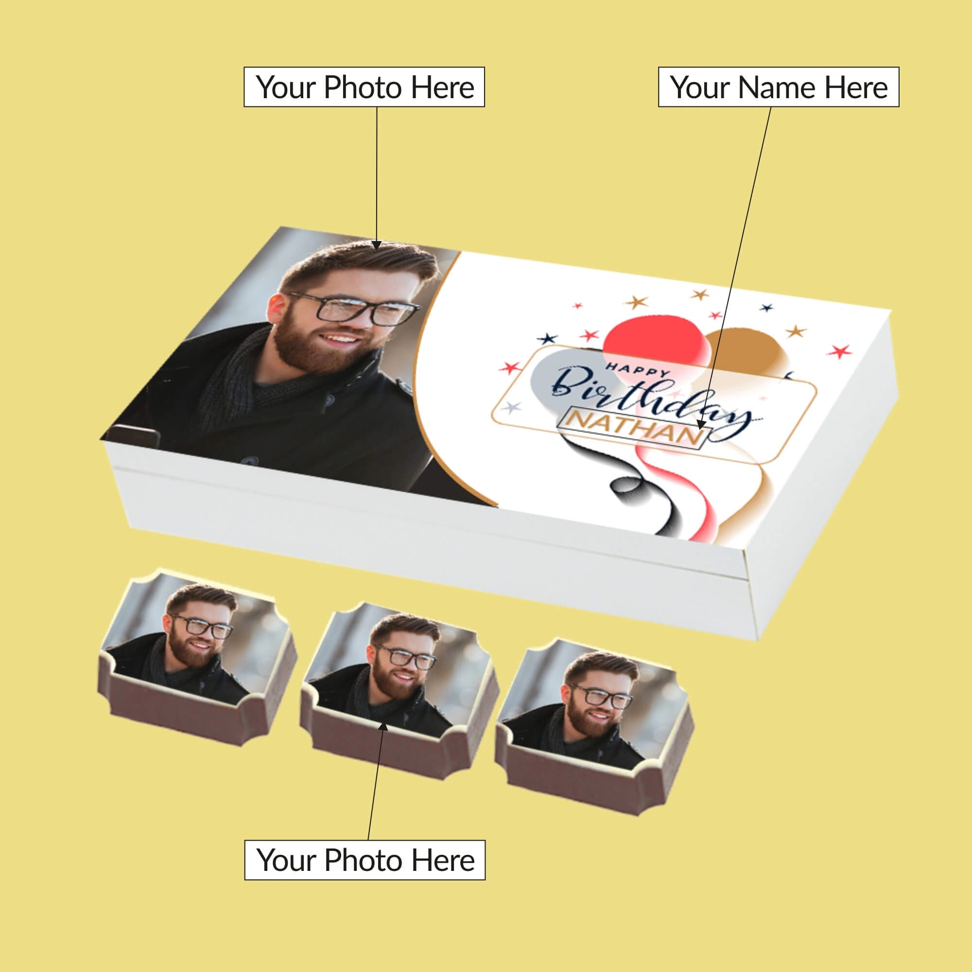 Personalized chocolate gift box with photo printed chocolates for birthday