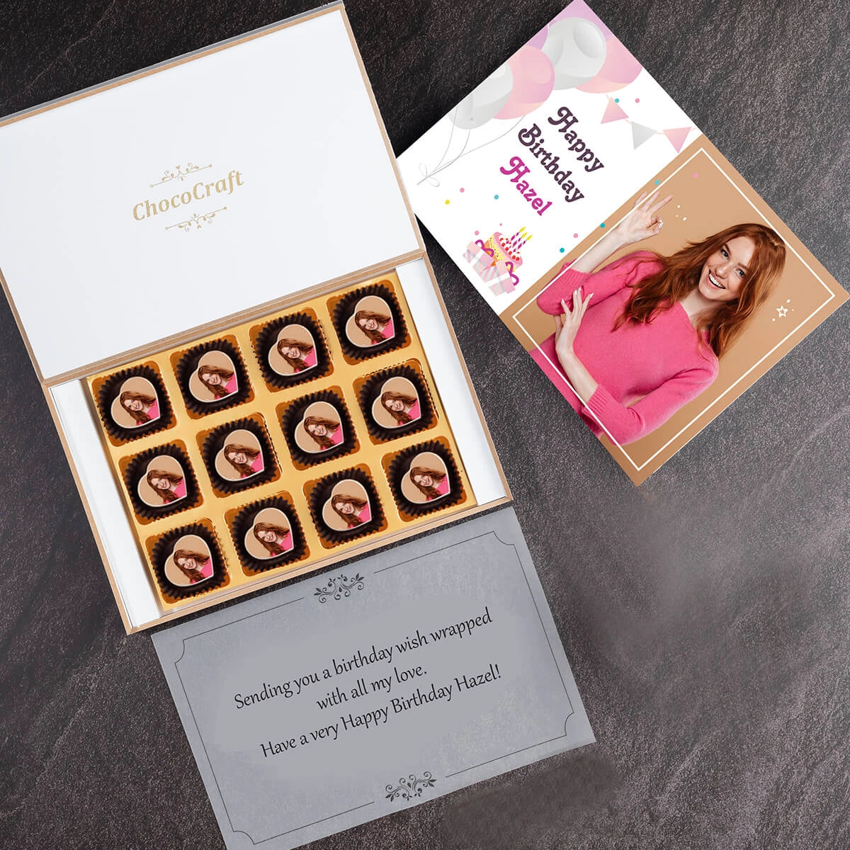 Unboxed personalized chocolate gift with printed chocolates for birthday surprise