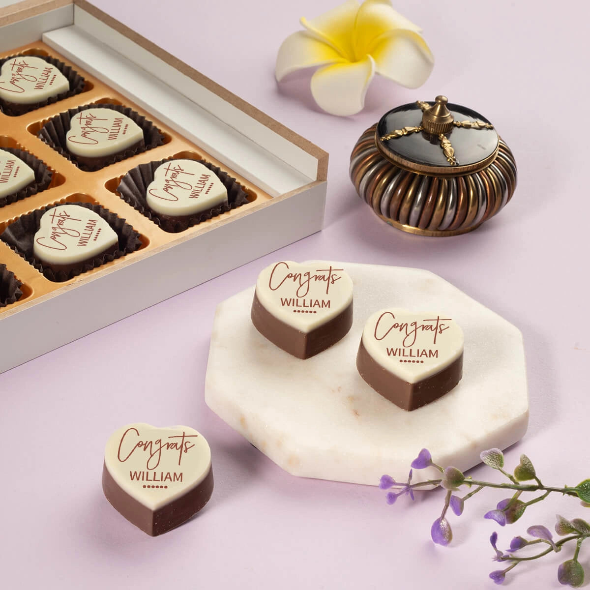 Personalized congratulations card with photo chocolates in box			