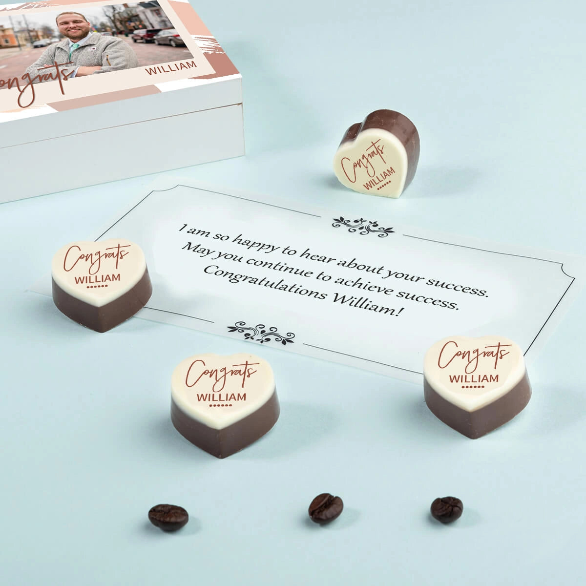 Personalized congratulations gifts in a printed chocolate gift box
