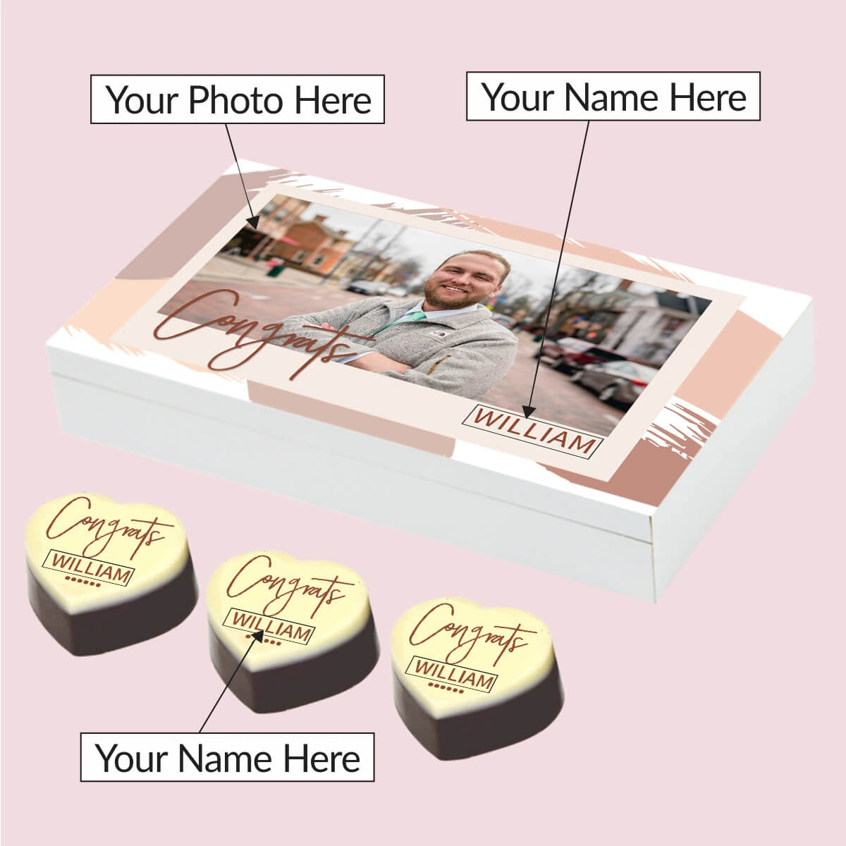 Detail view of personalized congratulations gifts with custom message inside wooden gift box