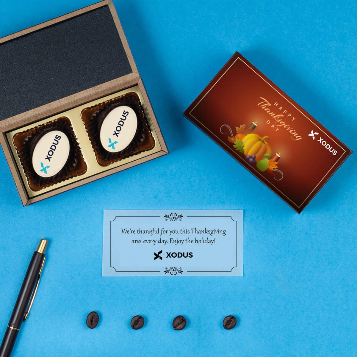 Custom logo-printed chocolates in premium wooden box for Thanksgiving gifting