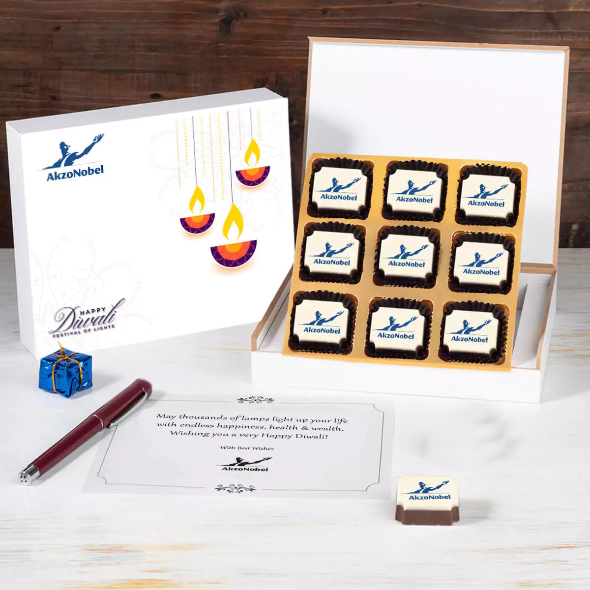 Personalized Diwali gift box with branded chocolates for employees