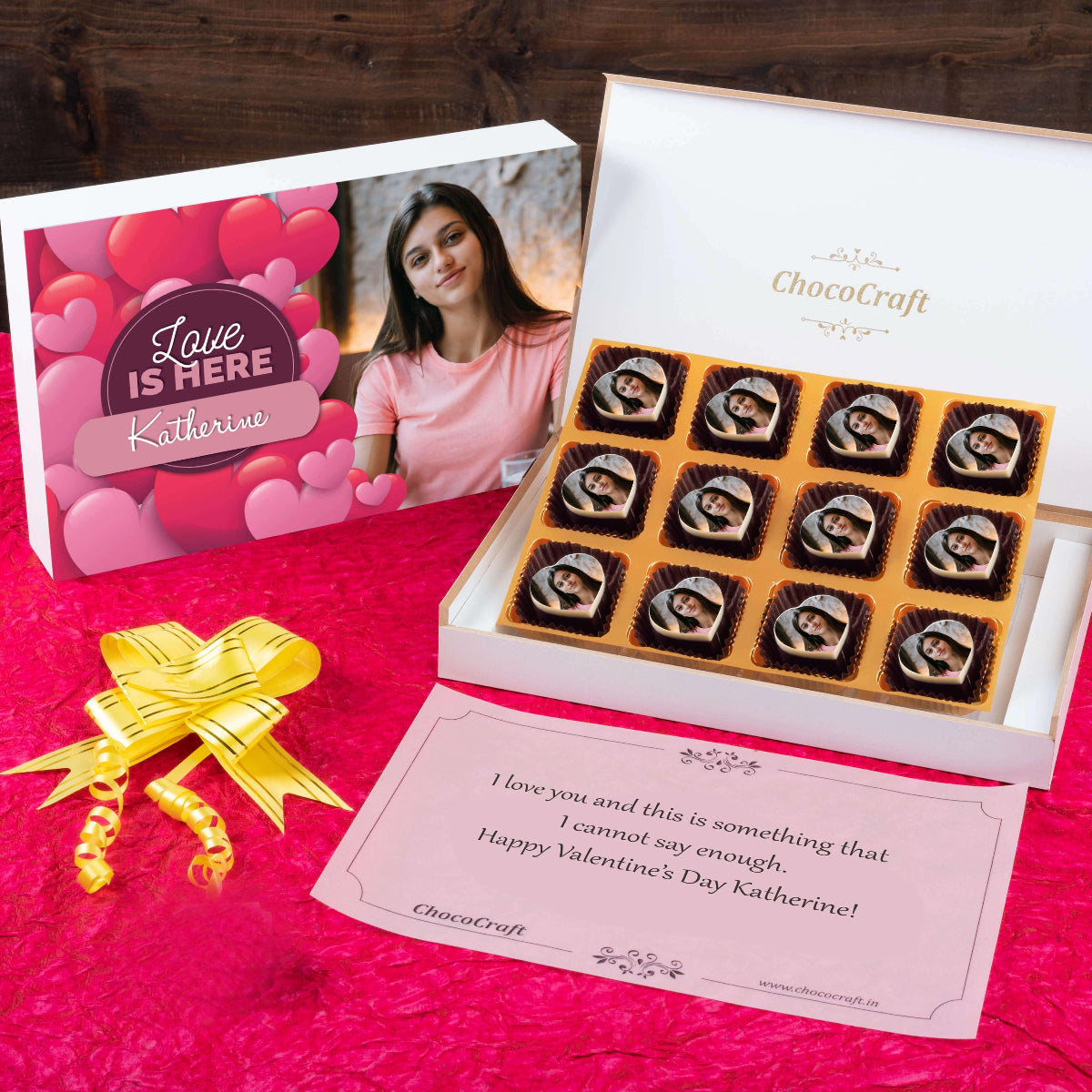 Unboxed personalized love gift with printed chocolates for girlfriend
