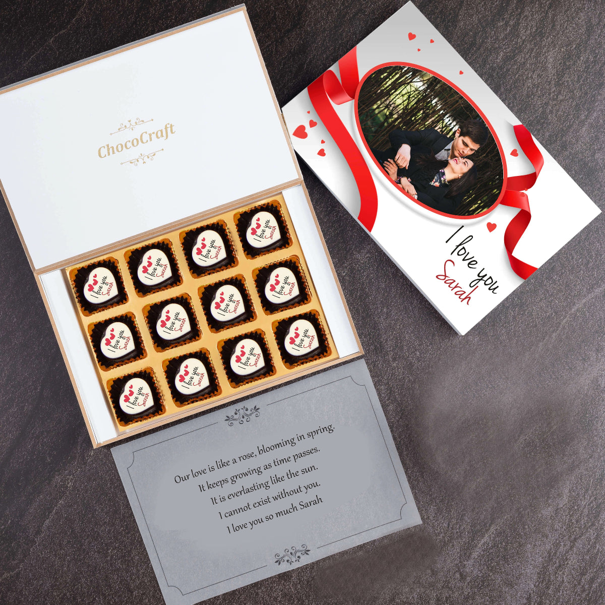 Personalized love gifts featuring a custom chocolate box