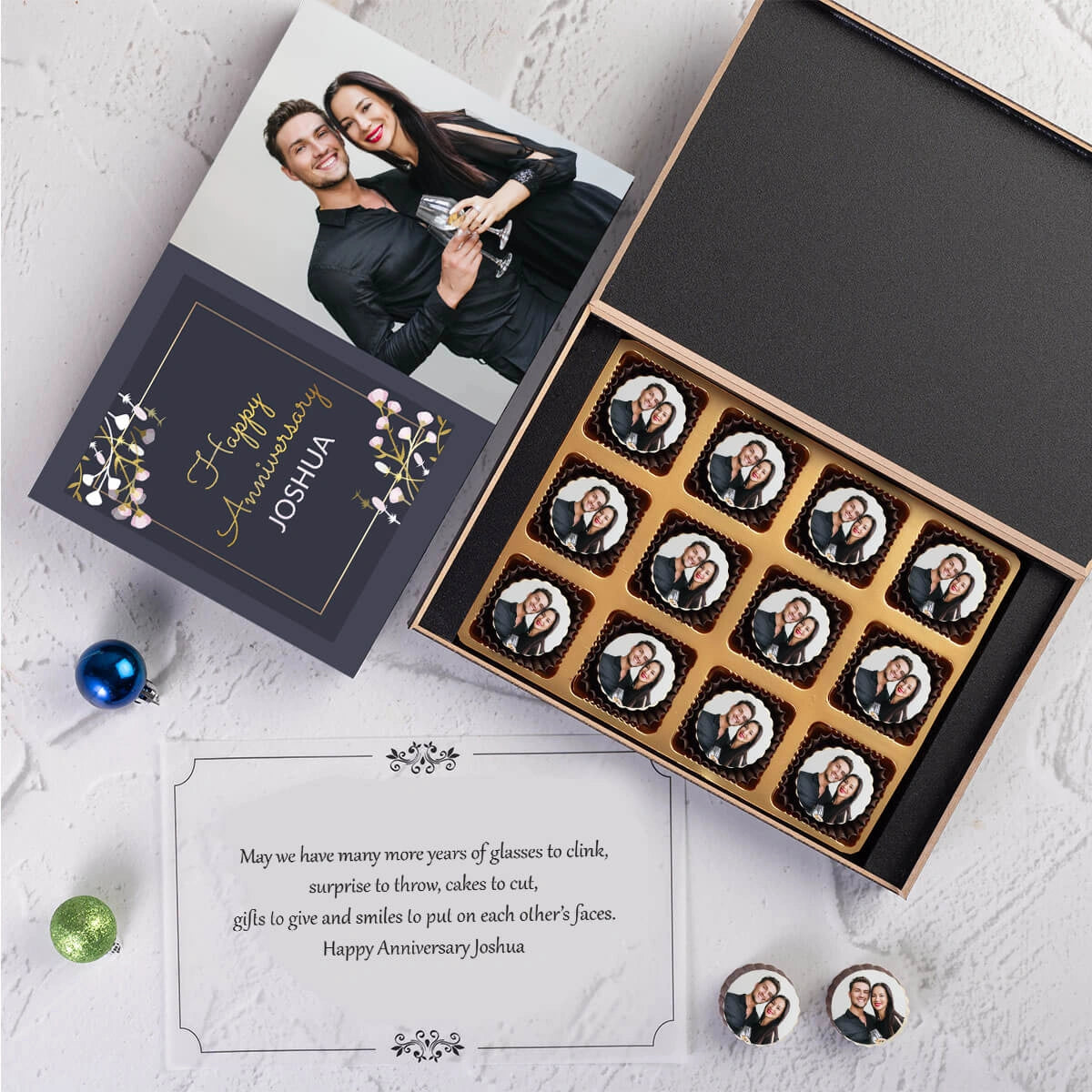 Unboxed personalized anniversary gift with custom chocolates for celebration