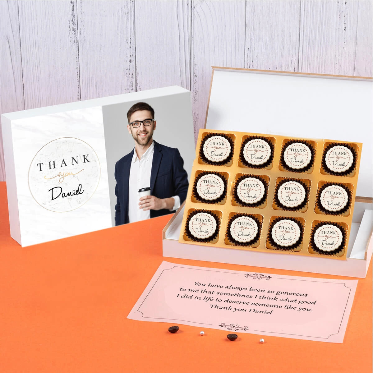 Unboxed personalized thank you gift with custom printed chocolates for appreciation