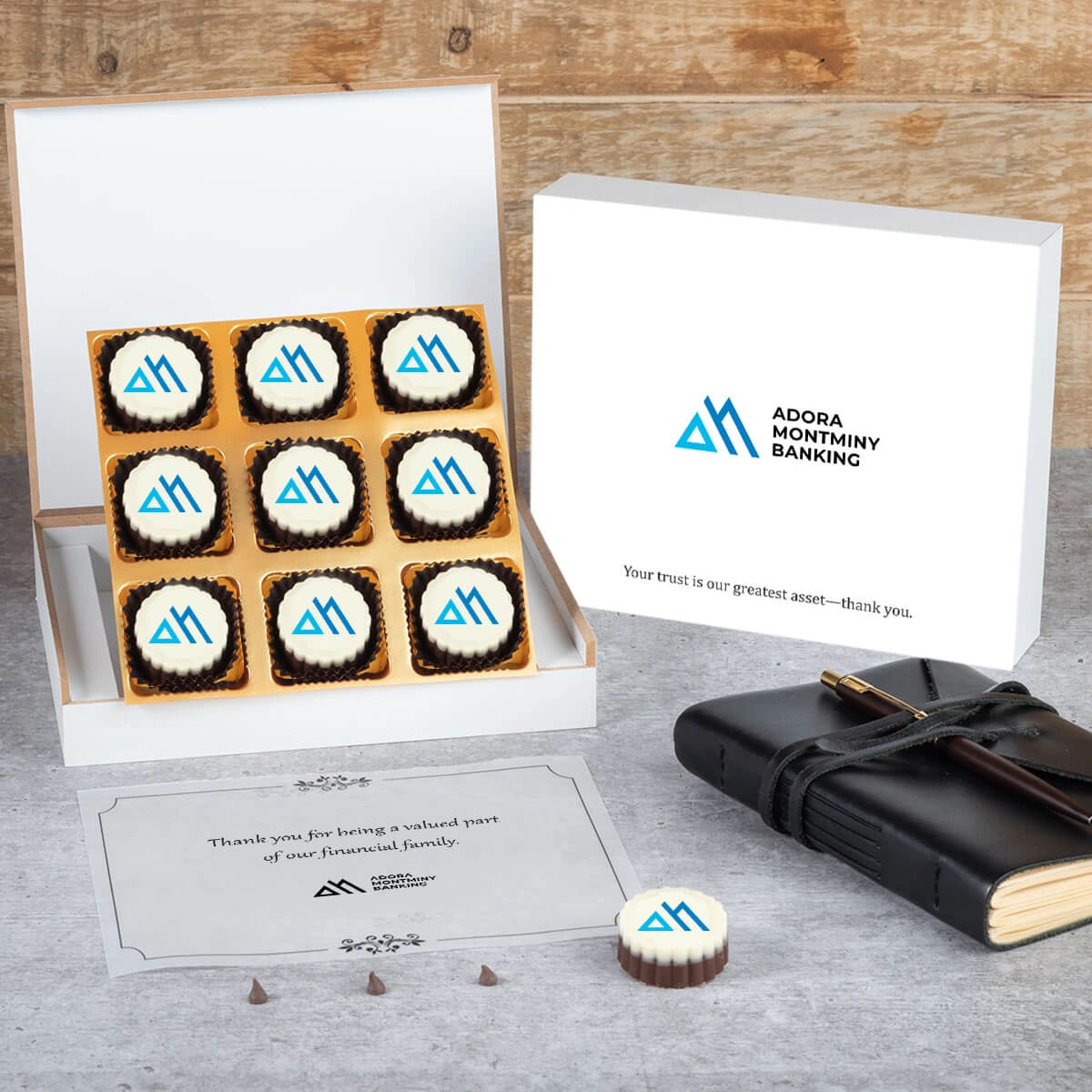 Premium corporate gift box filled with personalized chocolates for financial advisor outreach