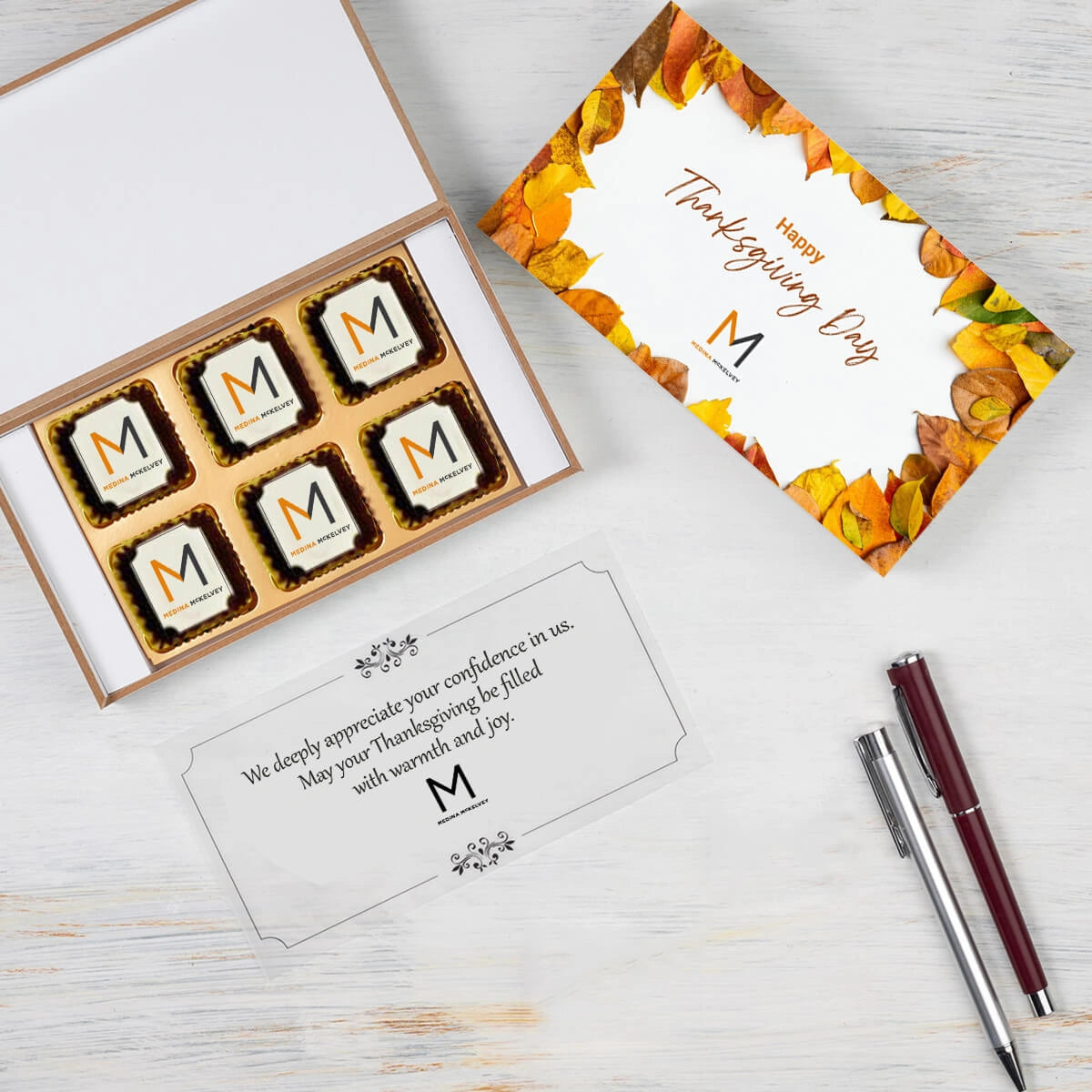 Premium MDF wooden box with six custom chocolates for employee Thanksgiving gifts