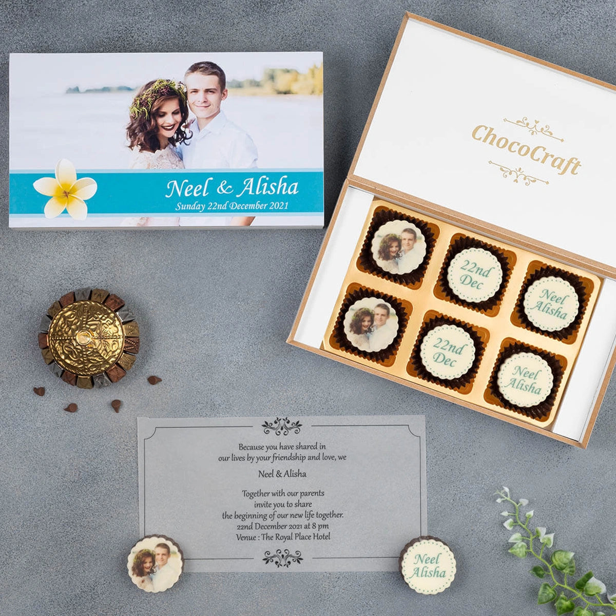 6-piece sample box for printable custom invitations with chocolates
