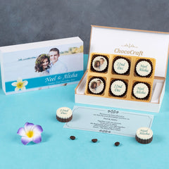 White MDF box for printable custom chocolate wedding invitations
