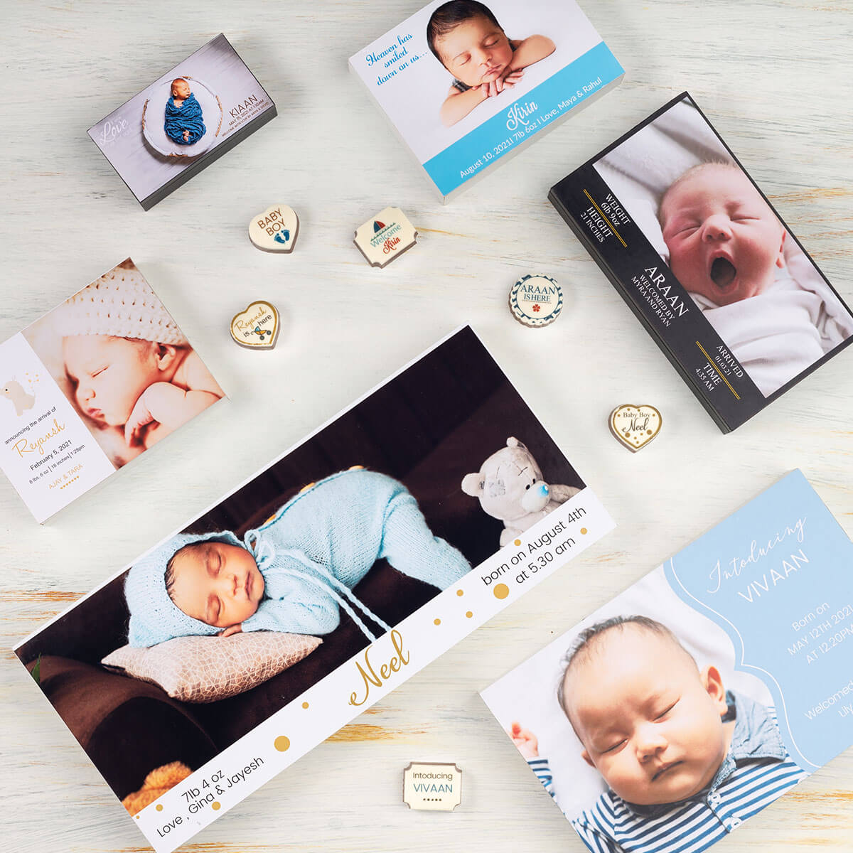 Printed chocolates in custom birth announcement box