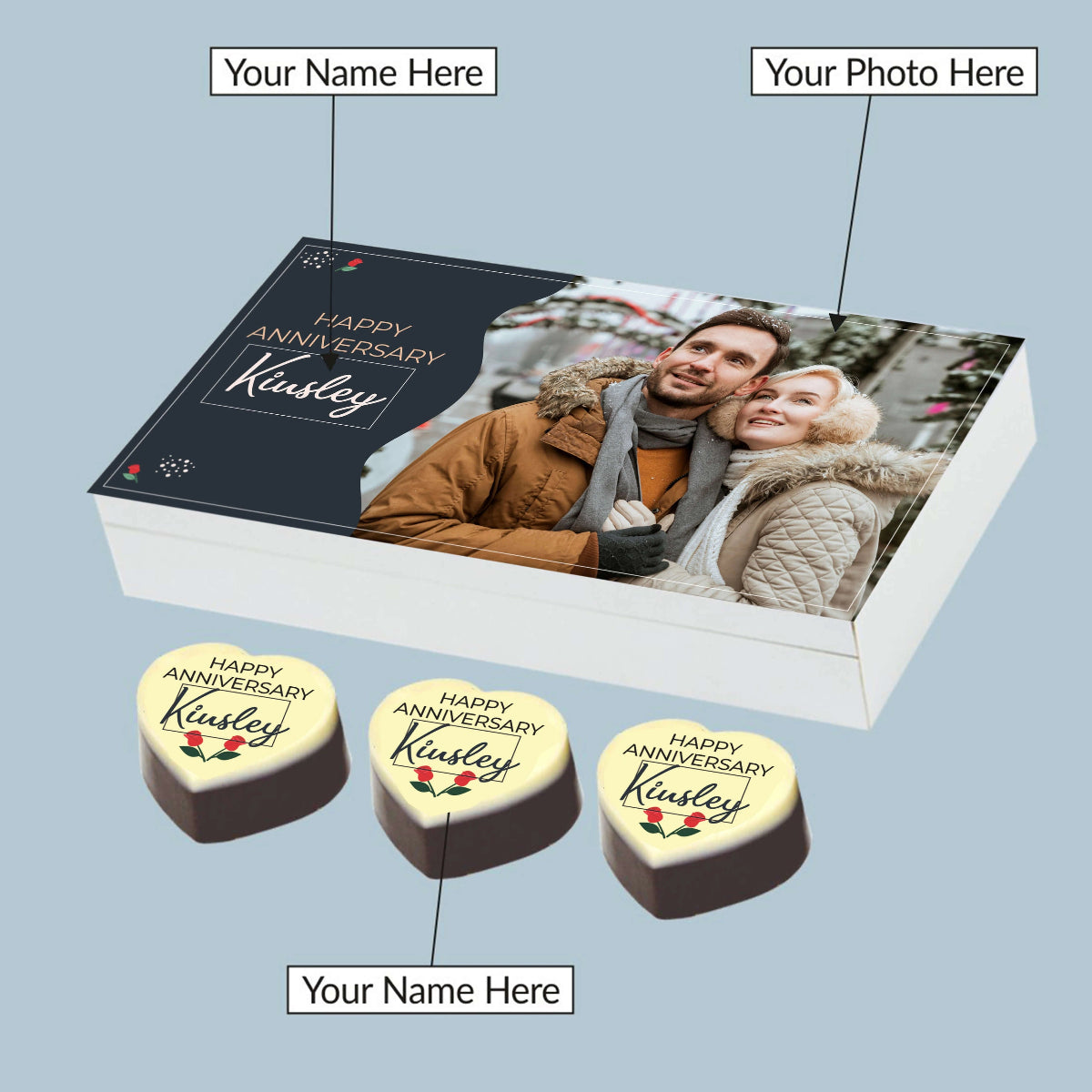 Detail view of romantic gift box with custom message for anniversary