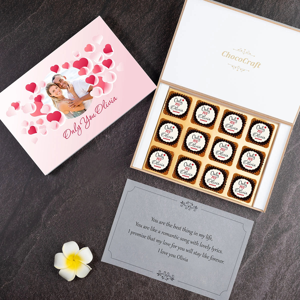 Detail view of romantic gift box with custom message for girlfriend